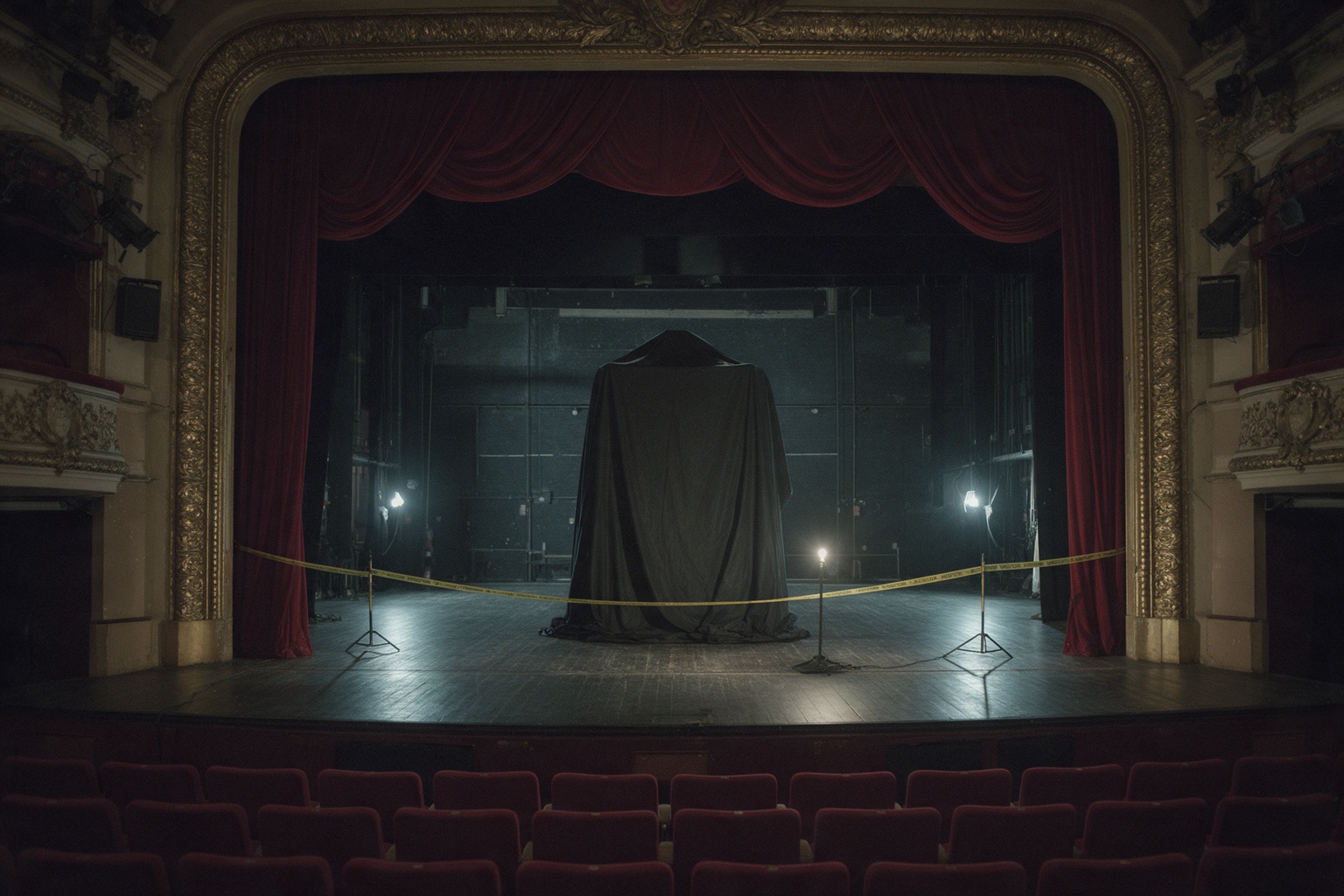 El escenario del Teatro Lucerna con el tanque del ilusionista tapado